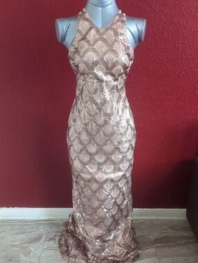Morgan & Co. Sequin Scallop Back X Straps Halter - Lined Gown Dress Rose Gold
